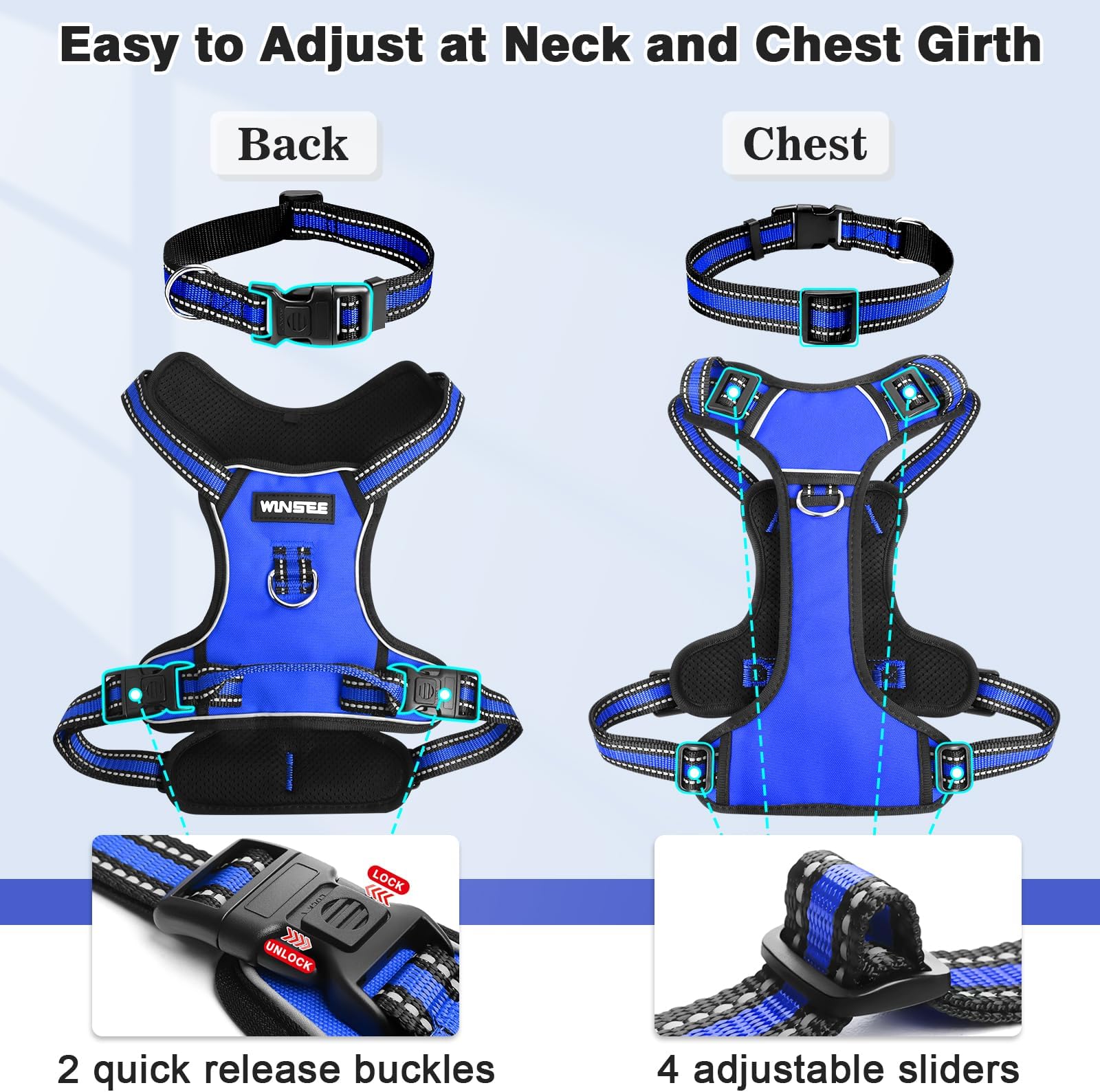 WINSEE Harness No Pull, Pet Harnesses with Dog Collar, Adjustable Reflective Oxford Outdoor Vest, Front/Back Leash Clips Small,, Large, Extra Large Do