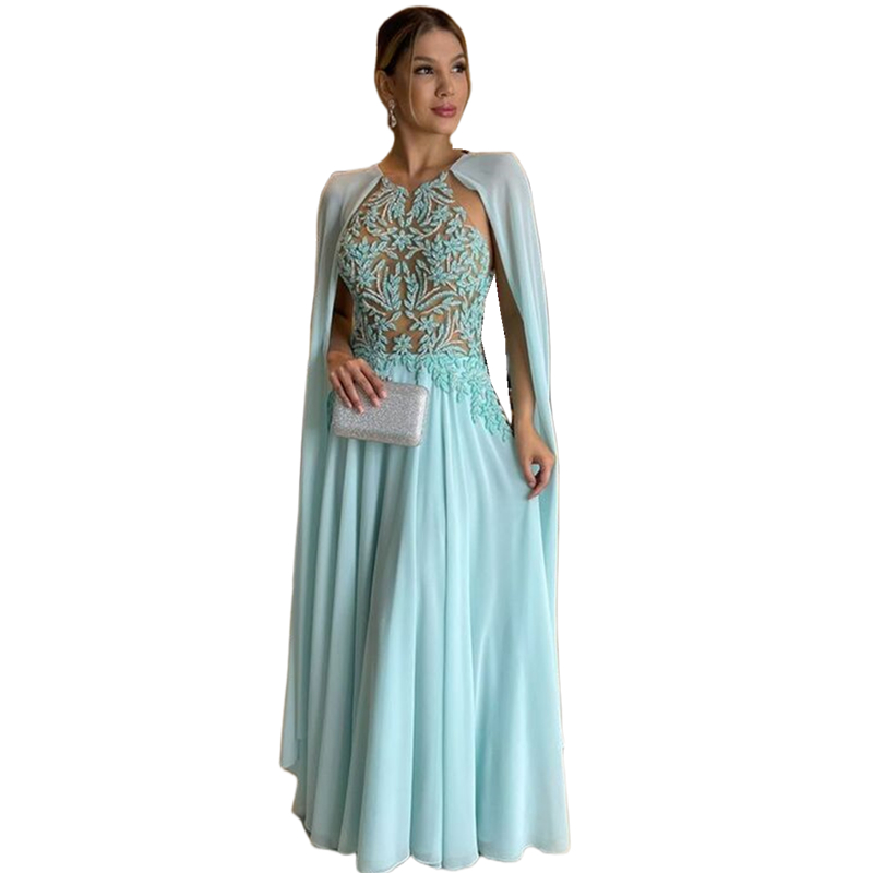 Illusion Lace Long Prom Dresses Chiffon Cape Sleeves Floor Length Beach Special Occasion Dress Jewel Neck Sexy Evening Gown For Women 2025