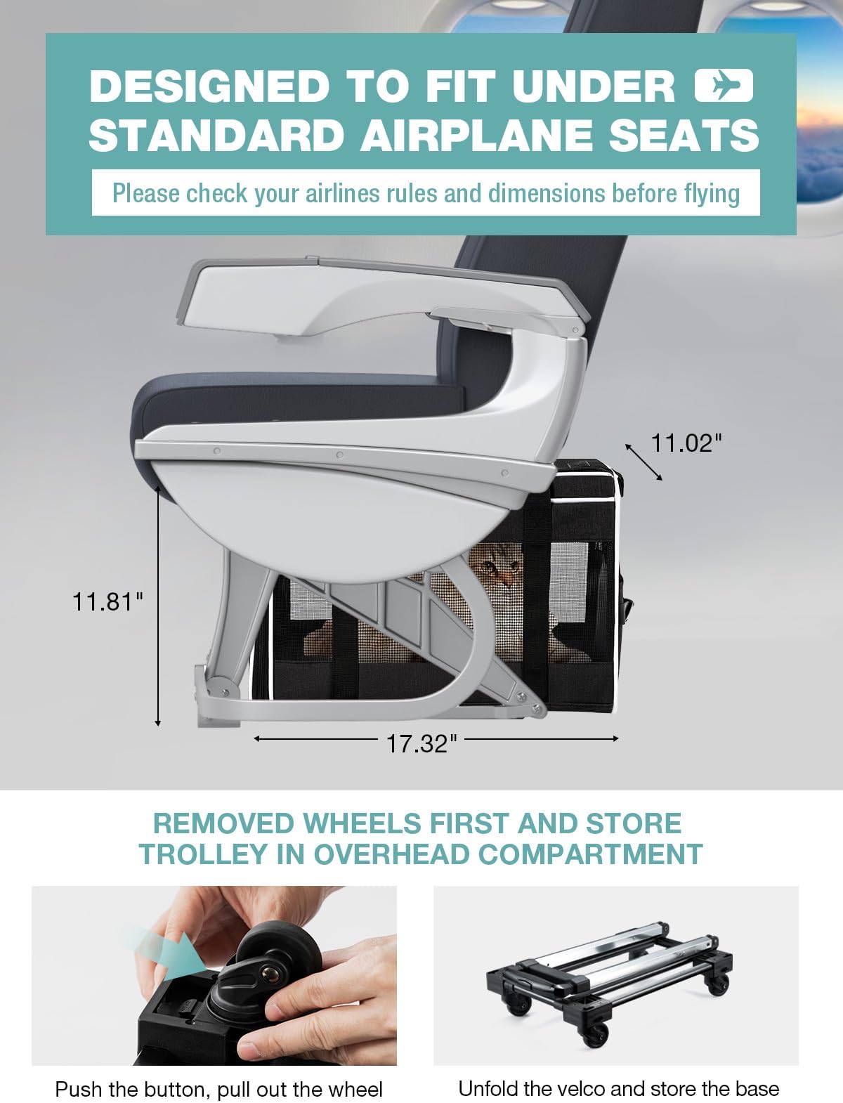 Xevera Cat Dog Carrier with Wheels Airline Approved Rolling Pet Carrier with Telescopic Handle, Shoulder Strap and Pet Bowl