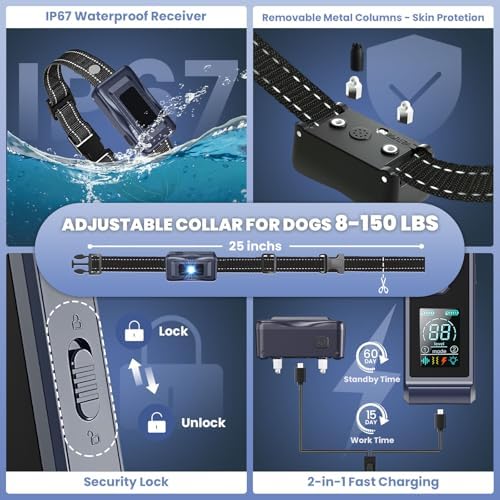 UPGRADED 4265FT Shock Remote Control Waterproof IP67 Training for Small Medium Large Dogs 8-150 Lbs Rechargeable Electric Dog E Beep Vibration Collar 