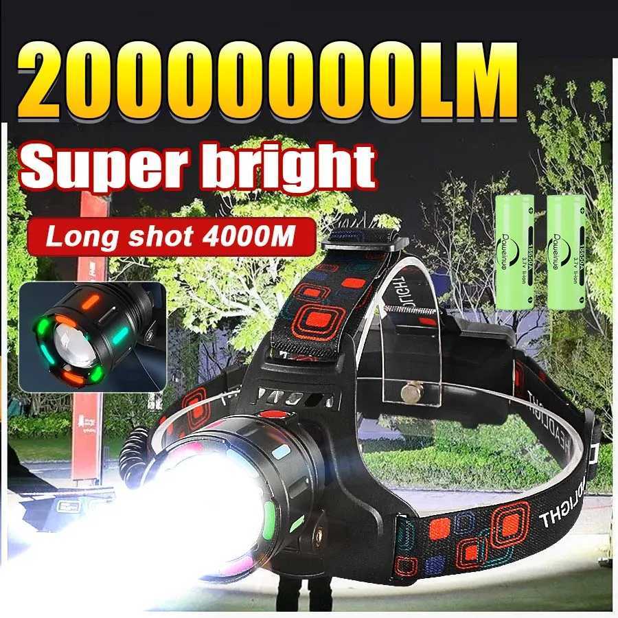 Strong Light LED Headlight 20000000LM Powerful Headlamp Long Shot 4000M Rechargeable Lamp With Fluorescent Light Outdoor Fishing Z241129