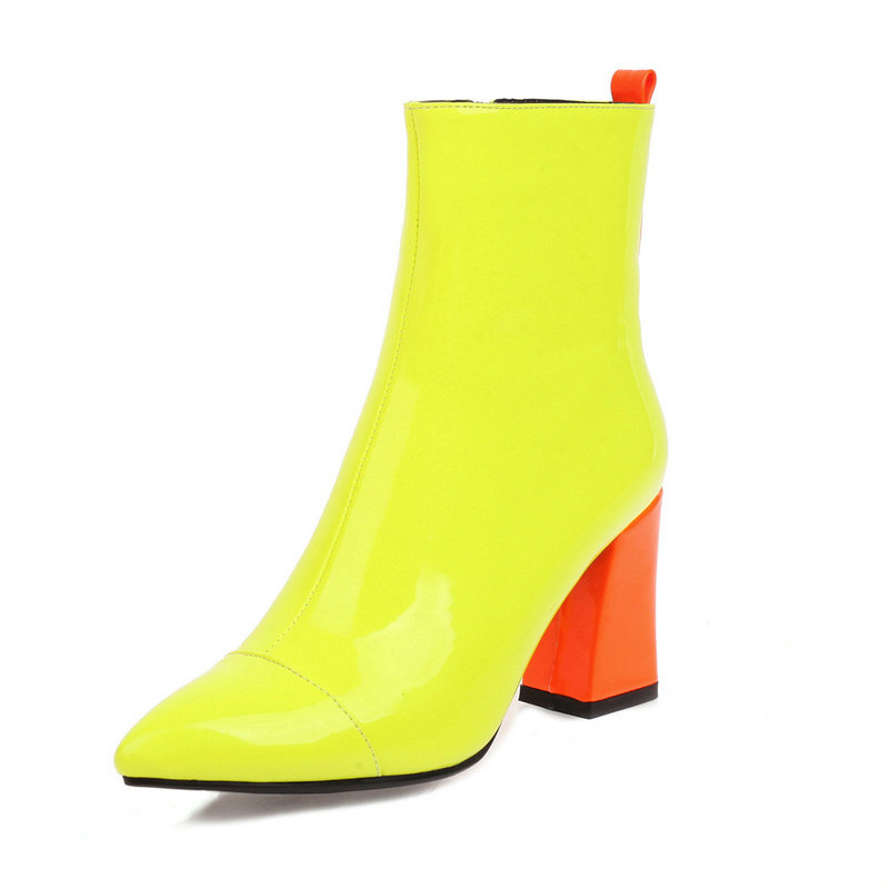 Women's Fashion Ankle Candy Patent Leather Yellow Pink Boots Ladies Waterproof Block Heels Point Party Shoes For Women EU35-42