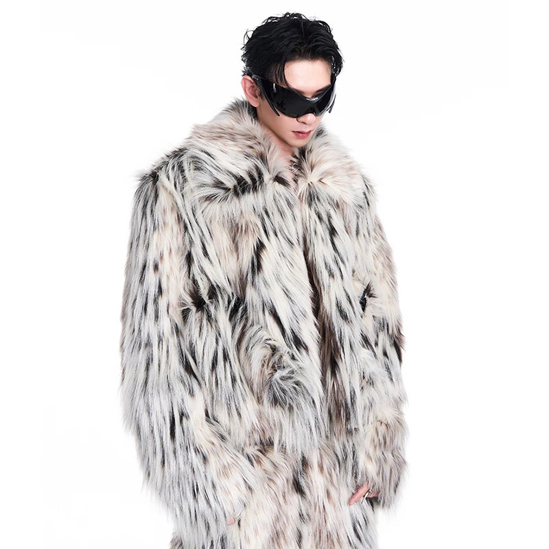 FEWQ Winter Mens Twopiece Long Fur Leopard Print Coat Big Pockets Dedign Trousers Casual Male Sets 24E5006 241112