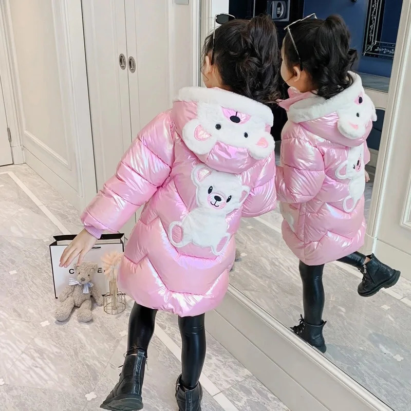 3 4 6 8 10 year girl winter long coat cute bear coat girl park fashionable bright hooded childrens waterproof coat 241126