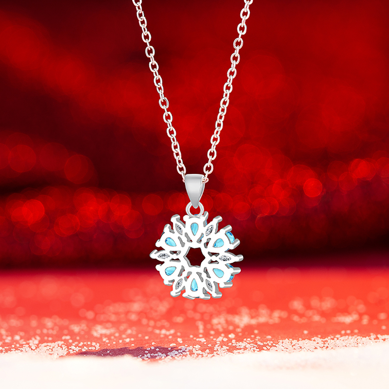 Chic Ladies' Sterling Silver-Tone Blue Crystal Snowflake Pendant Necklace Casual Workwear Accessory