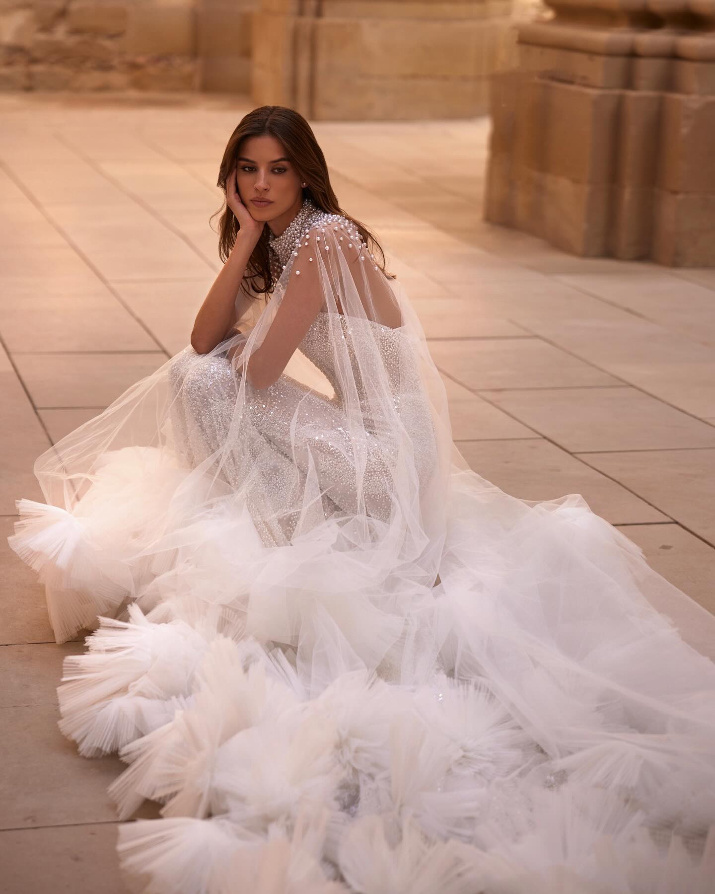 Milla Nova Chart Mermaid Wedding Dress With Cape Pearls Sequins High Neck Wedding Dresses Bridal Gowns Ruched Tulle Sweep Train Designer Robe De Maria