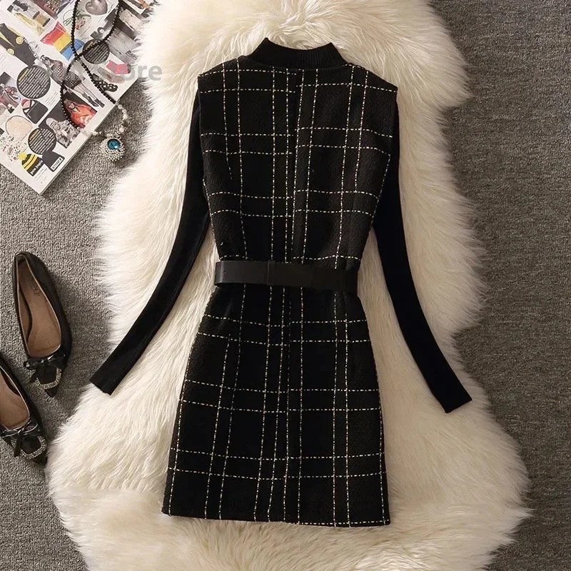 Retro medium length 75cm plain weave tweed vest jacket womens 2-piece set elegant pearl button waistband unlined coat knitted sweater 241126