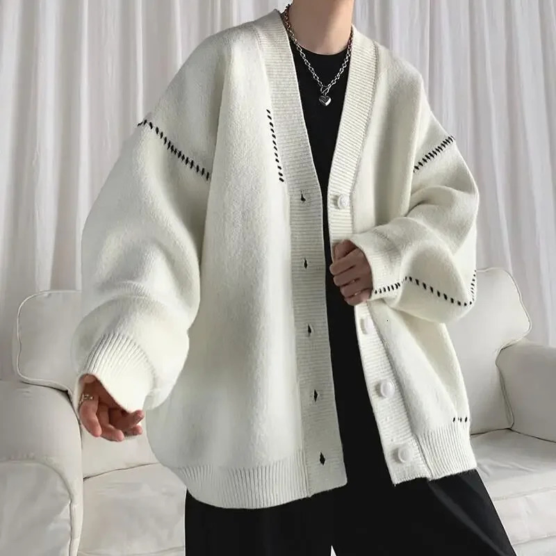 Knitted cardigan wool sweater mens solid color hoodless long sleeved mens sweater open cable er top casual jacket Y2k retro weave 241126