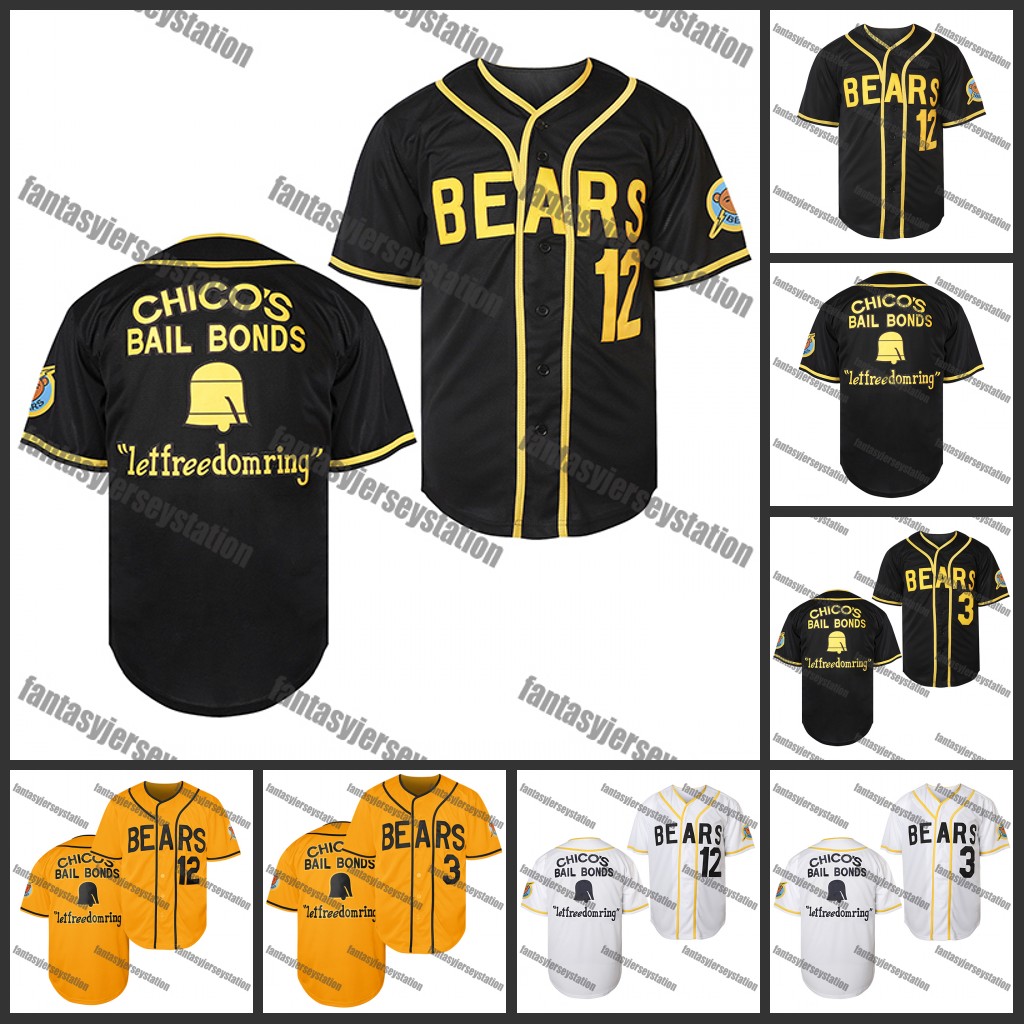 Men's Polyester Baseball Jersey Bad News Bears#12 Black Tanner Boyle Chico'S Bail Bonds Embroidered V-Neck Breathable Button-Up Shirt for Sp