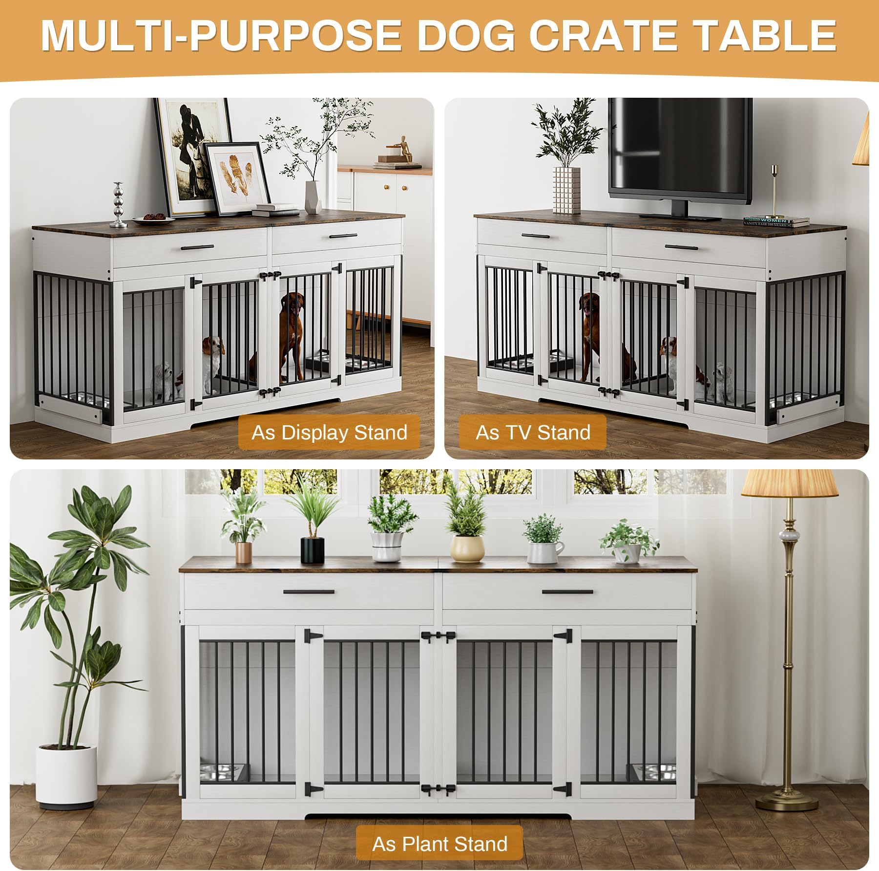 OUYESSIR Dog Crate Furniture, 72.05 Inch Wooden Large Dog Kennel with 2 Drawers & Dog Bowls, Dog House with Double Doorss & Divider, Heavy Dut