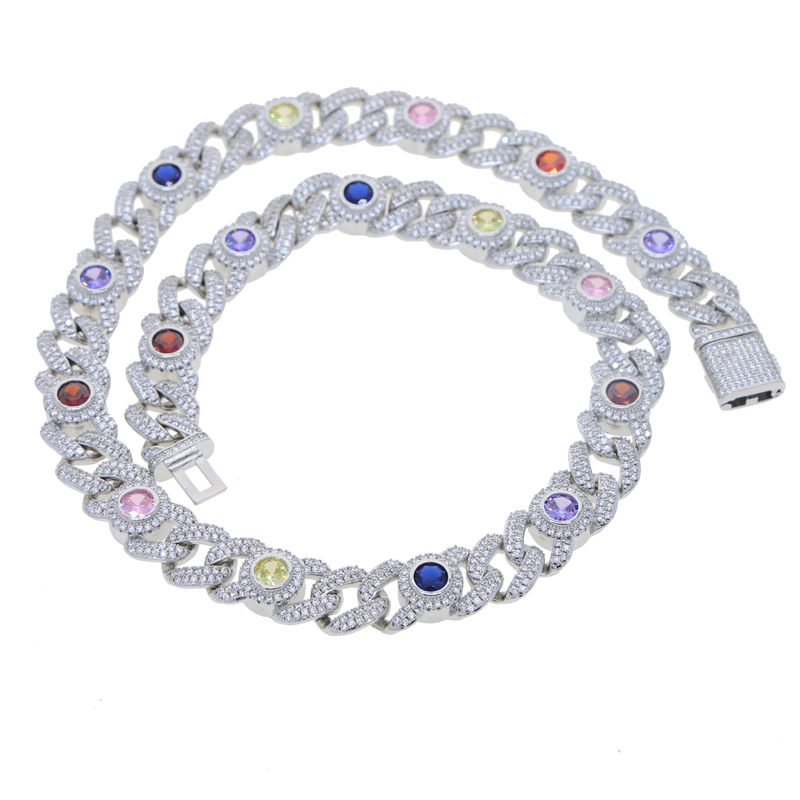 Fashion New Iced Out Round Eye Charm Necklace 12mm Cuban Chain Prong Setting Rainbow Cubic Zirconia Hip Hop Jewelry