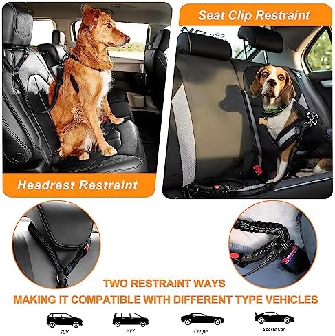 Pavsrmy 2 Packs Seat Belt Car, Upgrade 3-in-1 Seatbelt Adjustable Metal Buckle, Safety Headrest Restraint Dog Car with Elastic Bungee for Small Medium