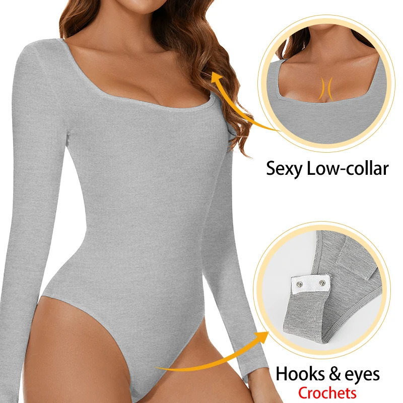 Womens Bodysuit Low Cut Square Neck Long Sleeve Shapewear Underwear Tummy Control Belly Compression Bottoming Shirt Jumpsuits 241112