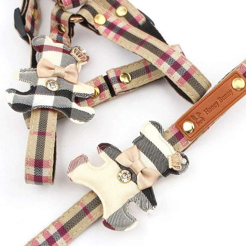 Designer Sets Classic Plaid Bow Teddy Collar Dog Walking Rope Chain For Small Medium Pet Harness Suit Leash Set S Free shipping