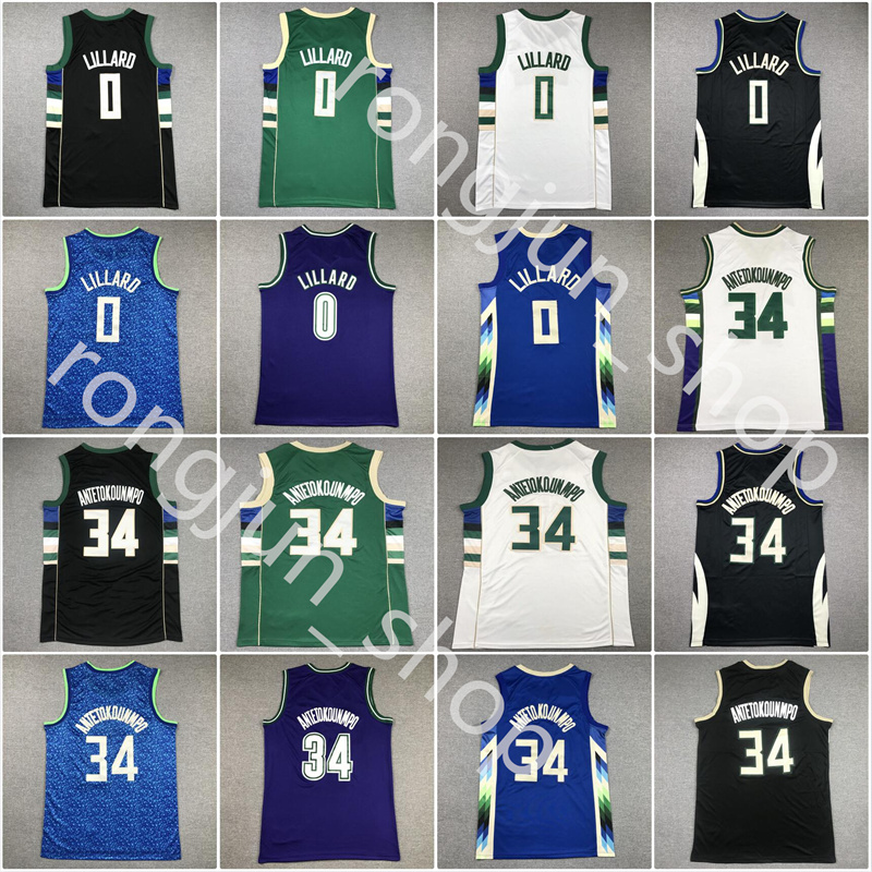 2024 Mens Giannis Antetokounmpo Basketball Jersey Stitched Damian Lillard Jerseys Black White Green Size S-XXL