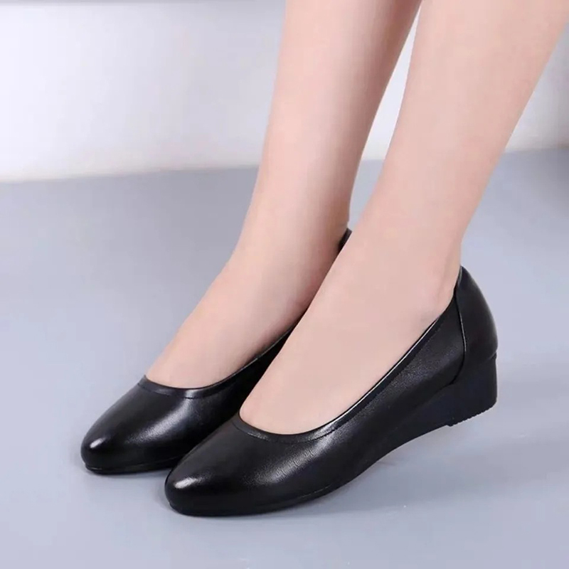 Comfort Black Leather Round Toe Dress shoe Office Women's Casual Shoes For ladies Wedges non-slip shoes upper synthetic leather zhanyishengli