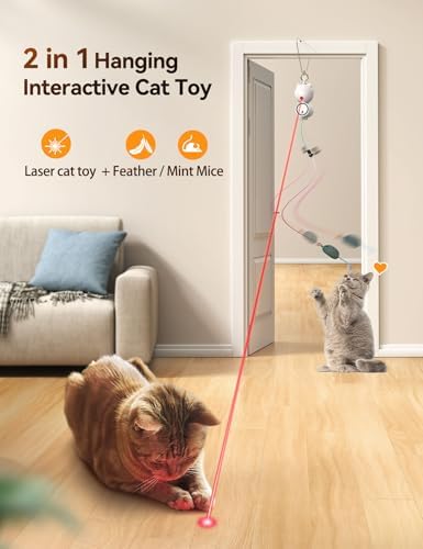 FEELNEEDY Interactive Cat Toys LED Light Hanging Cat Toys for Indoor Cats, Cat Wand Toy Cat Feather Toy, Feather & Mouse Cat Toys for Bored Adult Cats