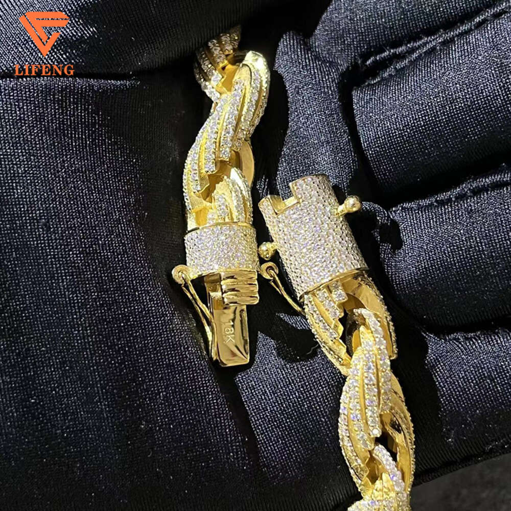 Lifeng Jewelry 10mm Sterling Silver 18k Gold Plated Rope Chain Men Hiphop Moissanite Diamonds Rope Chain Necklace
