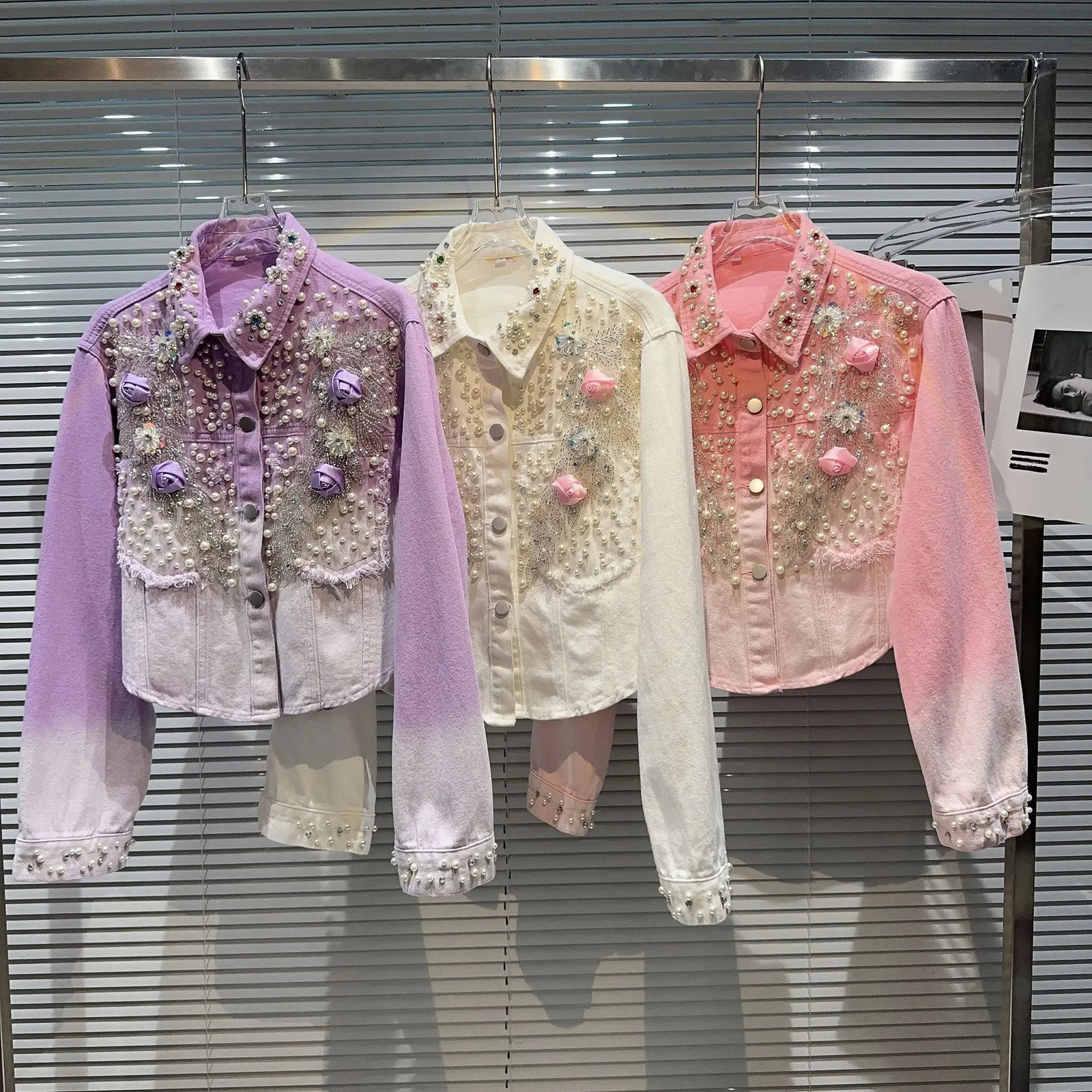 Women Autumn 3D Flowers Embroidery Beaded Denim Coat Loose Gradient Purple Color Floral Jeans Jacket Pearls Cowboy Cardigan Tops 240416