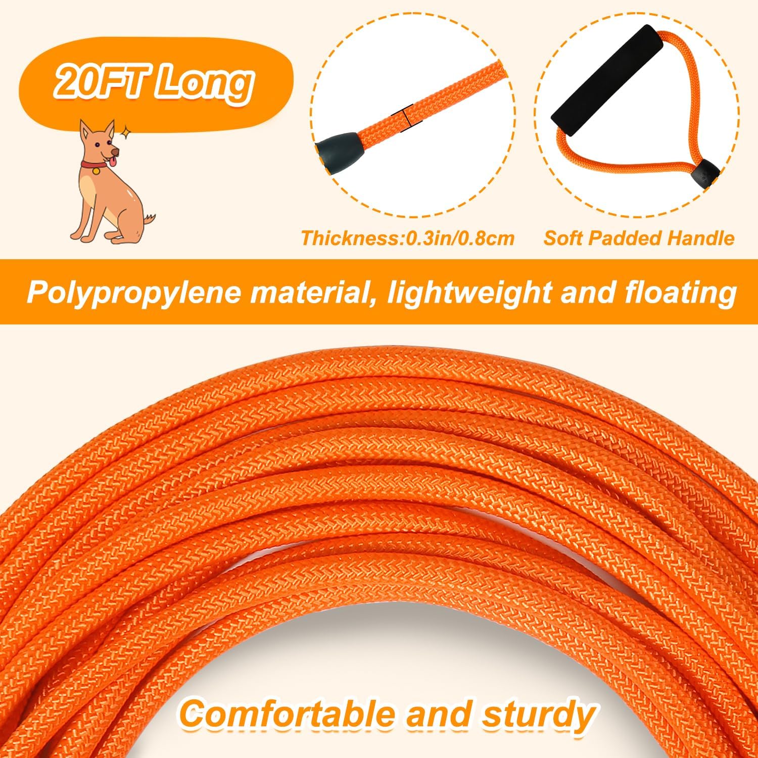 Vivifying Floating Long 20FT Training Leash, Lightweight Dog Check Cord Rope Leash with Comfortable Handle for Outside, Hiking, Swimming, Beach and La