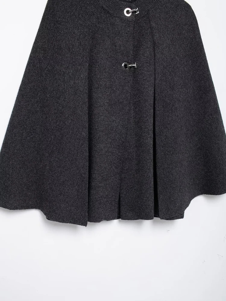 Fashion Long Sleeve Oversized Pleated Jacket Elegant Grey Metal Splicing Knit Cape Coats For Women Lady Chic Streetwear 241126
