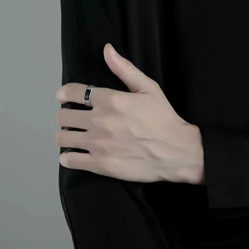 Tren Silver Sterling Silver Ring For Men Jewelry Black Rectangle Retro Dragon Pattern Ring Male Infex Finger Accories OpenXJ241127