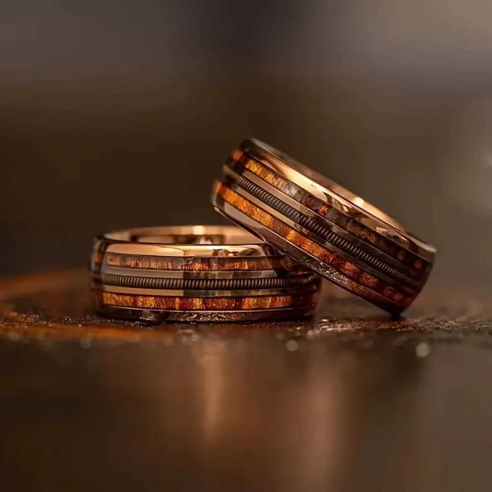 Coffee Color Rose Golden Ring Guitar String Stainl steel Ring Inlaid Whiskey Barrel Wood Grain Ring for Men EngagementXJ241127