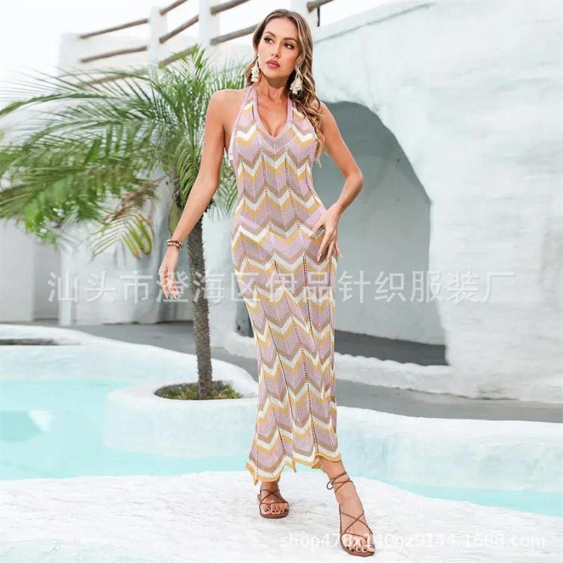 Beach Outfits For Women Cover Up Pareo Summer 2024 Knitted Wavy Stripe Sexy Backless Sunblock Bikini Solid Polyester Dress