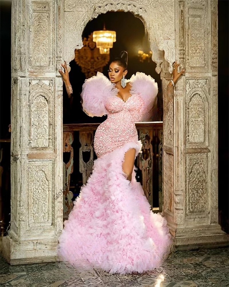 Pink Sequin African Prom Dresses 2025 Aso Ebi Ruffles Sweetheart With High Split Birthday Party Gowns Customized
