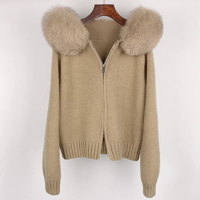 2024 American Fashion Autumn Winter Women Casual Hooded Real Fur Collar Short Knitted Jacket with Natural Coat 241120