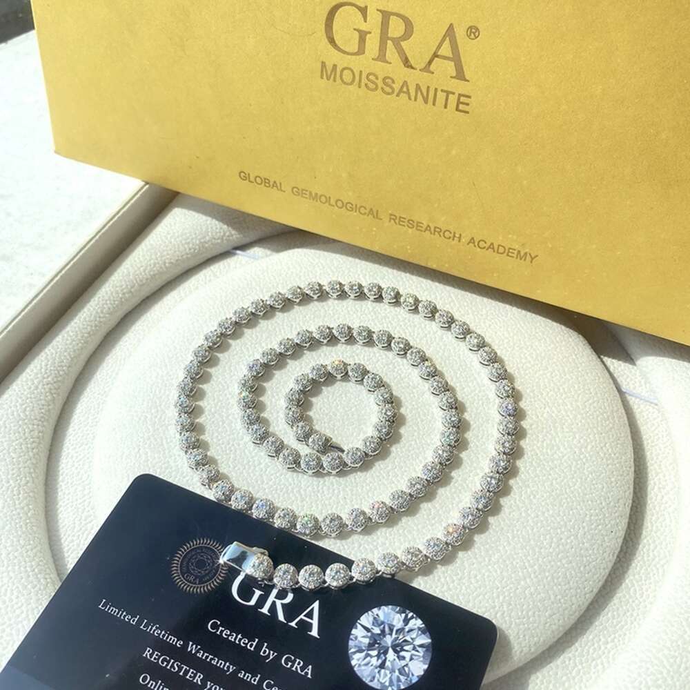 Iced Out Moissanite Chain 5mm Round Tennis Cluster Link Chain Sterling Silver 925 Moissanite Diamond Necklace for Men Women