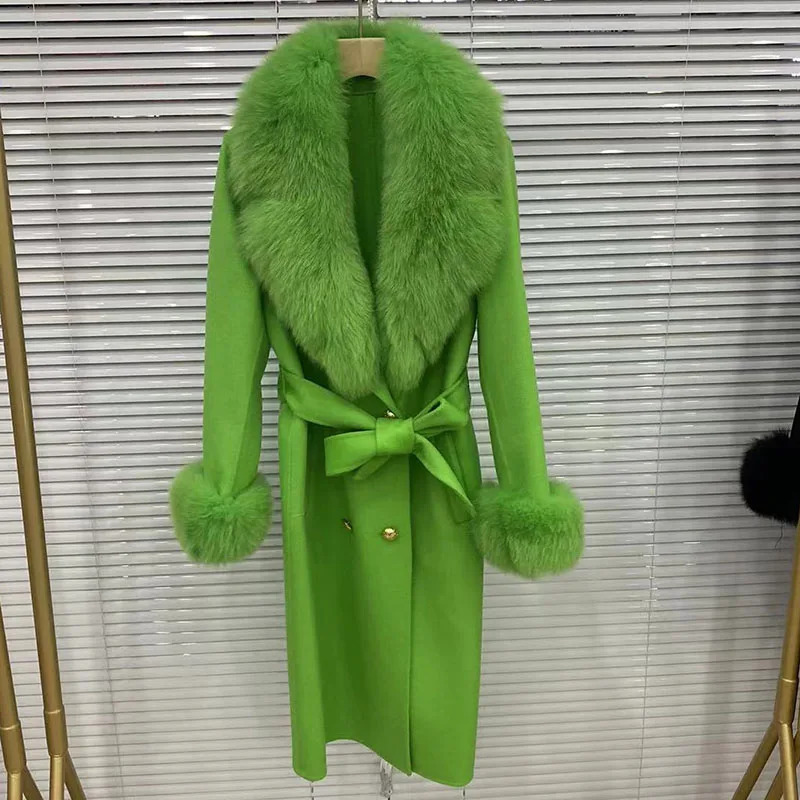 2023 Long Women Wool Cashmere Blended Coat With Big Real Fur Collar Fashion Winter Jacket Double Breasted Belt Outwear Cuff 24