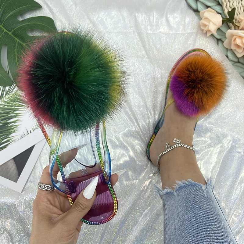 Fur Flip Flops Women Summer Beac Ladies Real Fur Furry Pom Transparent Crystal Flats Slides 2022 Fox Fur SandalsXJ250207
