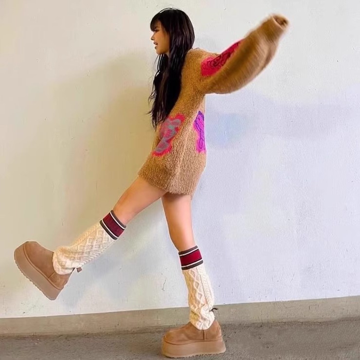 Winter Autumn Womens Over The Knee Sock Big Warm Increasing Long Boots Knieeted Thick Sole Mujer Shoes Boats Size 44