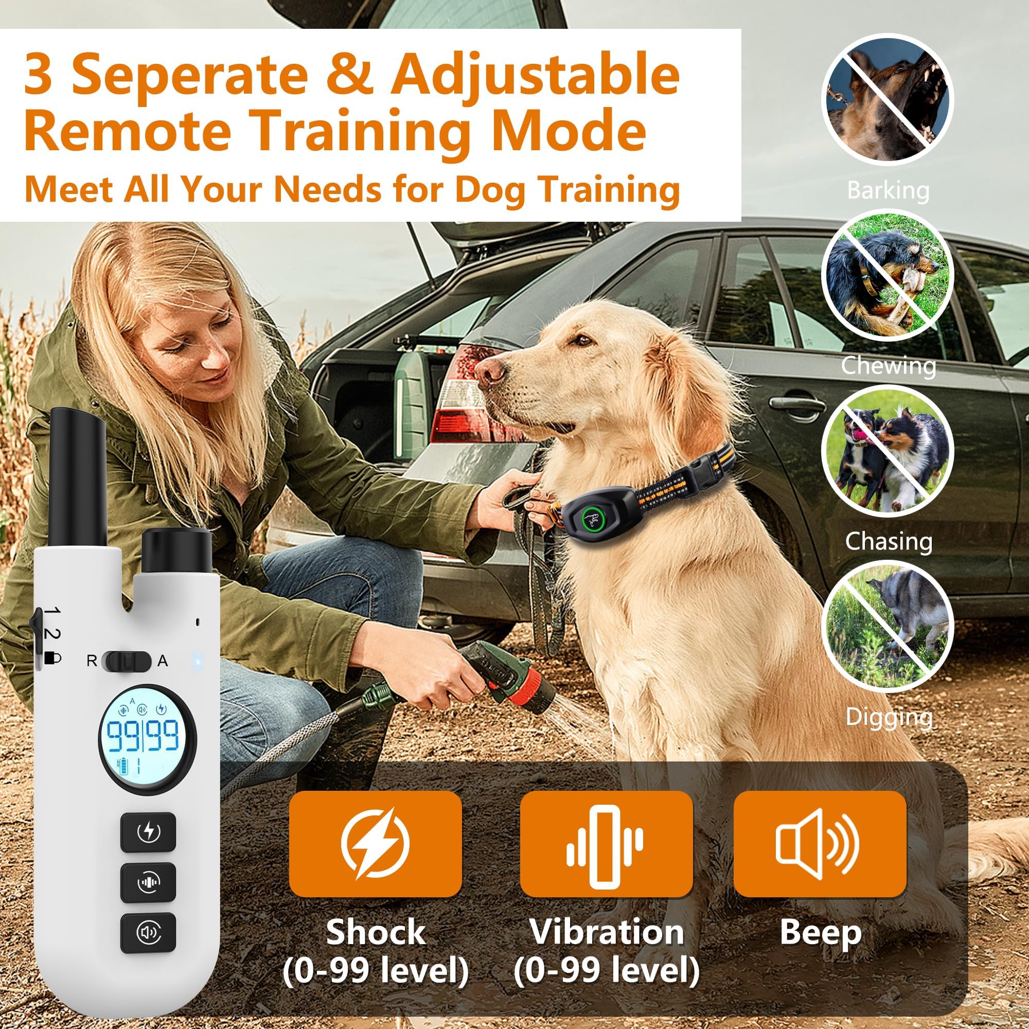 in 1 Bark with Remote, Shock for 2 Large Medium Small Dogs(15-120lbs), Anti Barking Dog Training Collar, Beep/Shock/Vibration(0-99), Smart E Collar 13