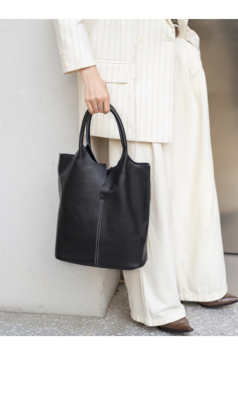 Bucket Woman Tote Genuine Cow Leather Shoulder Ladies Handbags Big Shopper Bag Fashion Blue Genuine Leather