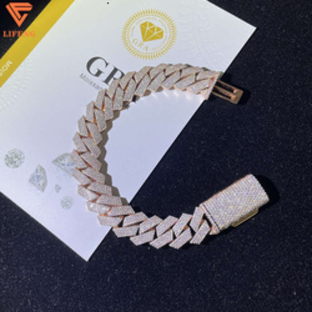 Factory Price15mm Width 925 Solid Silver Iced Out Hip Hop Jewelry Moissanite Cuban Link Chain Bracelet Men