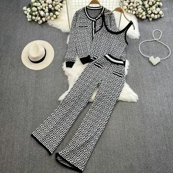 Women's Two Piece Pants WONST 2024 Autumn And Winter Vest Top High Quality Button Knitted Cardigan Wide Leg Trousers Plaid Jacquard