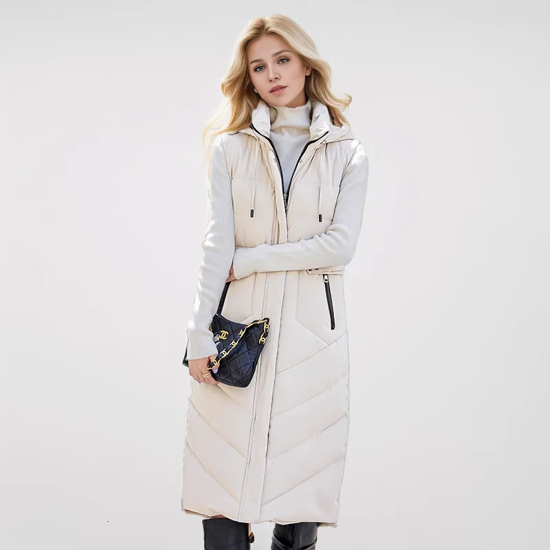 2024 Fashion Winter Long Vest Woman Outerwears Hooded Elegant Thick Warm Jackets Coat Female Sleeveless Down Cotton Parka 241121