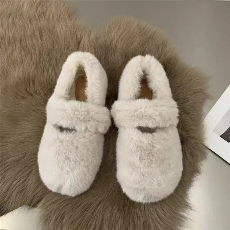 Fashion Womens Winter Fur Flat Shoes Women Warm Plush Mary Jane Casual Ballet Shoes Outdoor Round Toe Shallow Footwear 241127