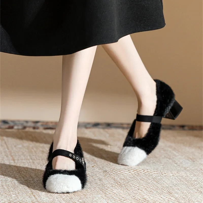 Fashion Furry Mary Jane Shoes Women 2025 Winter Cute Warm High Heels Square Heel Belt Buckle Women Pumps Zapatos De Mujer 241127