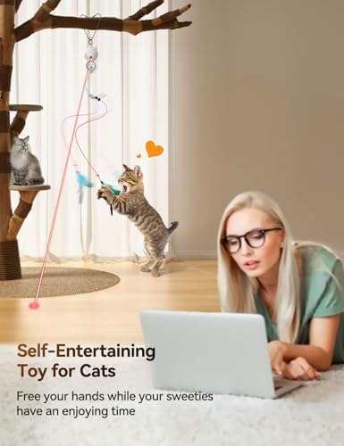 FEELNEEDY Interactive Cat Toys LED Light Hanging Cat Toys for Indoor Cats, Cat Wand Toy Cat Feather Toy, Feather & Mouse Cat Toys for Bored Adult Cats