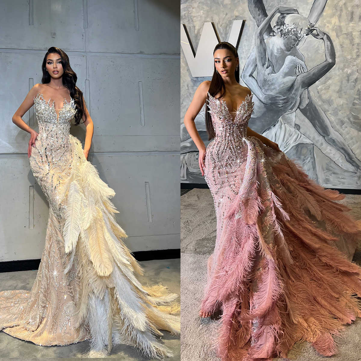Gorgeous Mermaid Evening Dresses Crystal Prom Gowns with Detachable Train Strapless Feather Beading Party Dress Custom Made Vestidos de noche