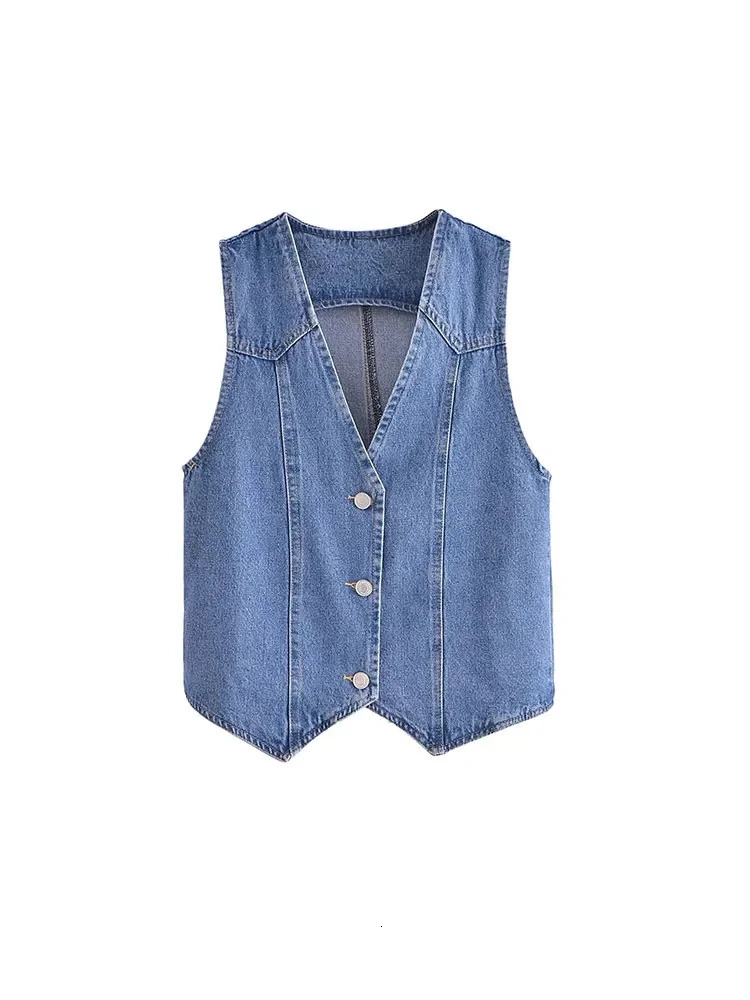 Nlzgmsj TRAF summer womens short denim blue vest fashion V-neck sleeveless ultra-thin womens casual single chest button vest 241126