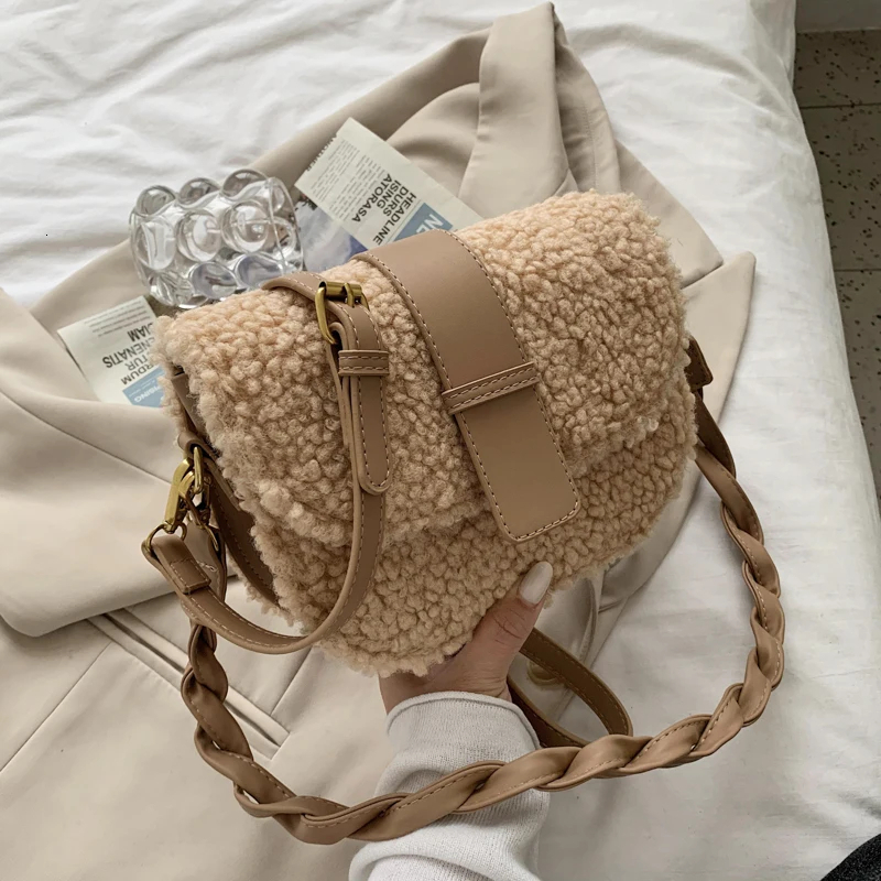 New Winter Messenger Knitted Strap Plush Fur Underarm Shoulder Bag Crossbody Bag Women's Designer Handbag