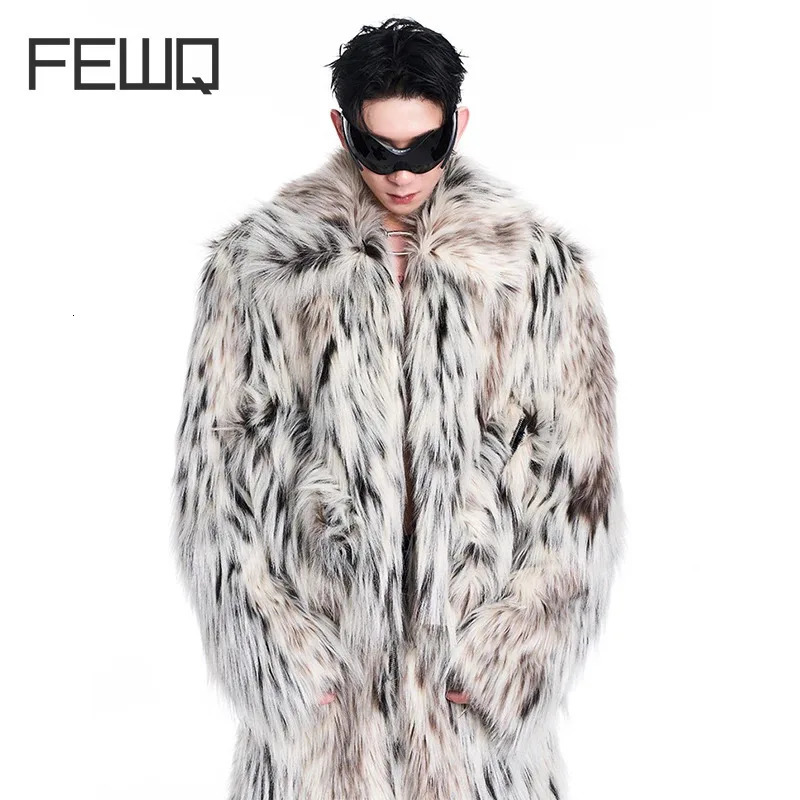 FEWQ Winter Mens Twopiece Long Fur Leopard Print Coat Big Pockets Dedign Trousers Casual Male Sets 24E5006 241112