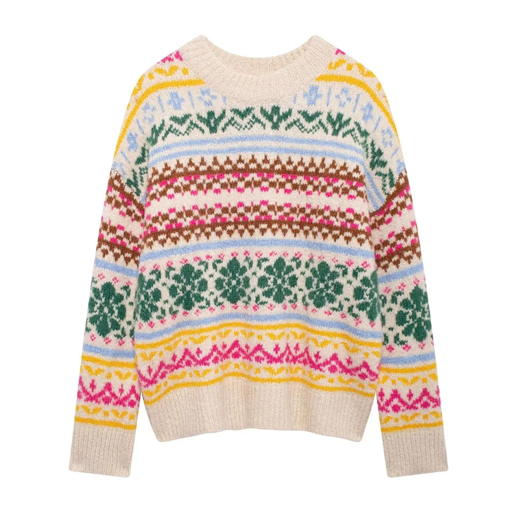 Autumn and winter casual womens clothing fashion contrasting jacquard knitted round neck pullover sweater 241126