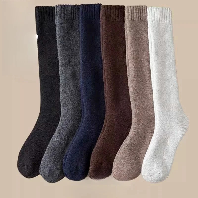 3 Pair Winter Thick Warm KneeHigh Mens Wool Socks Merino Calf Casual Cashmere Terry Fashion Stockings Men 241112