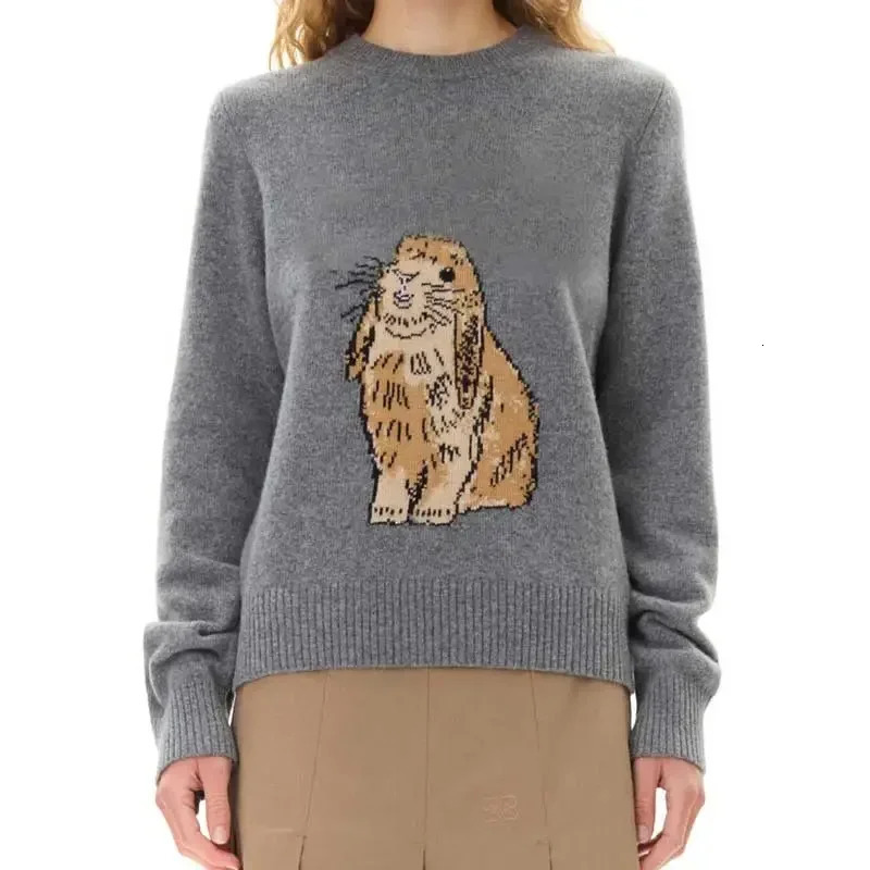 bunny graphic print Oneck sweater women grey wool ribbed edges jumper autumn winter pullover female 241126