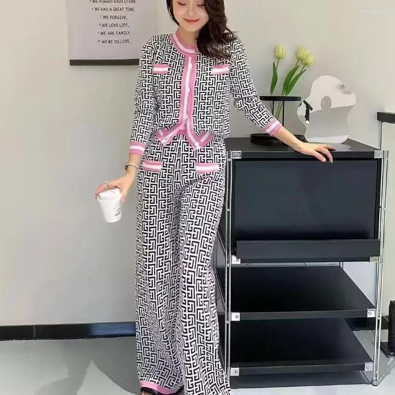 Women's Two Piece Pants WONST 2024 Autumn And Winter Vest Top High Quality Button Knitted Cardigan Wide Leg Trousers Plaid Jacquard
